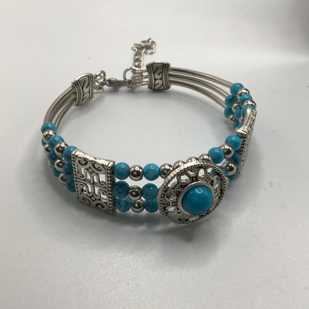 Silver Tone and Turquoise Blue Beaded Bracelet